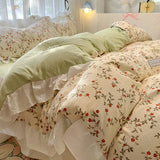 Taooba Christmas Gift Bedding Set Korean Style 2024 New  Small Floral Water Washed Cotton Lace Duvet Cover Set Queen Size