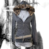 Taooba party outfit  Y2k Women Harajuku Aesthetics Leopard Print Zip Up Hoodie Hip Hop Punk Grunge Gothic Vintage Rock Casual Streetwear EMO Girl