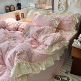 Taooba Christmas Gift Pink Korean Princess Style Lace Ruffles Bedding Set Skin-friendly Seersucker Duvet Cover Set Fitted Sheet/Bed Sheet Pillowcases