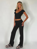 Taooba- Two Piece Solid Color V-Neck Crop Top and Pants Set