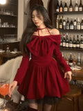 Taooba  party look inspos Autumn Y2K Velvet Mini Dress for Women Halter Long Sleeve Birthday Party Dresses Elegant New Kawaii Korea Fashion Vestidos Mujer