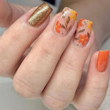 Taooba Christmas nail 24pcs Short Square Amber Flower Fake Nail with Glue Wearable Autumn Designs Press on Nails Full Cover  Acrylic False Nails Tips