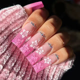 Taooba Christmas Nail  24Pcs Pink Ballet False Nails Long Coffin Butterfly with French Rhinestones Wearable Fake Nails Glitter Press on Nails Tips Art