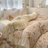 Taooba Christmas Gift Bedding Set Korean Style 2024 New  Small Floral Water Washed Cotton Lace Duvet Cover Set Queen Size