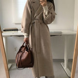 Taooba Christmas Gift outfit  Retro Winter Loose Women Long Belted Woolen Coats Female Warm Full Sleeve Notched Autumn Oversized Cardigan Overcoats