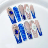 Taooba Christmas Nail  10Pcs Blue Handmade Butterfly Press on Nails Long False Nails Decoration with Rhinestones French Wearable Fake Nails Tips Art