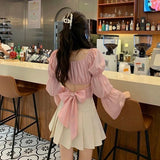 Taooba  party look inspos Back Puff Sleeve Shirts Women Autumn French Bow Bandage Blouses 2025 New Black Pink Square Neck Cropped Tops Female