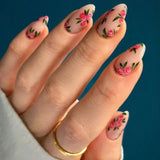 Taooba Christmas nail 24Pcs Short Round Head Pink Fake Nails with Rose Flowers leaf Pattern Wearable Almond False Nail Full Cover Press on Nails Tips