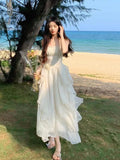 Taooba  party look inspos Elegant Irregular Ruffles Midi Dress Women New Summer Solid Spaghetti Strap Beach Vocation Korean Chic Female Casual Vestidos