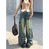 Taooba party outfit  Women's Blue Gothic Baggy Cargo Jeans with Star Harajuku Y2k 90s Aesthetic Denim Trousers Emo 2000s Jean Pants Vintage Clothes