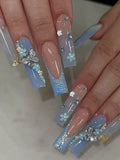 Taooba 24 coffin-shaped blue French butterfly small flower dots diamond glossy false nails suitable for daily use (1 jelly gel+1 rubbin