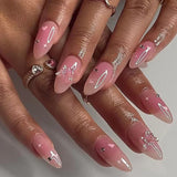 Taooba Christmas Nail  24pcs glitter Pink almond stiletto press on acrylic nails with 3D Love design french ballet long false nail Full Cover Nail Tips