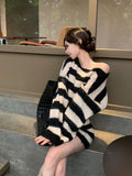 Taooba  party look inspos Striped Knitted Suits Women Casual 2 Piece Dress Set Female Y2k Clothing Korean Fashion Sweater Dress Office Lady 2025 Autumn