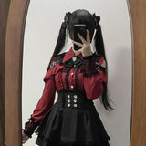 Taooba  party look inspos 2024 Japanese Black Short Skirt Set Gothic Ruffle Mini Skirts Sexy Lace Off Shoulder Lolita Shirt Gown Faldas Y2k Aesthetic Suit