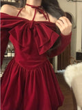 Taooba  party look inspos Autumn Y2K Velvet Mini Dress for Women Halter Long Sleeve Birthday Party Dresses Elegant New Kawaii Korea Fashion Vestidos Mujer