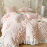 Taooba Chiffon Lace Princess Bedding Set Queen Size Pink Hand-made Pleat Pearl Ruffles Duvet Cover Bedclothes Sheet Pillowcases