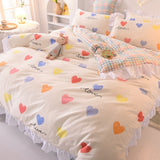 Taooba-Kawaii Rainbow Bedding Set Cotton Twin Full Queen Size Strawberry Flower Hearts Cute Fitted Bed Sheet Pillowcases Duvet Cover