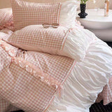 Taooba Beige Gingham with Bow Ruched Bedding Set