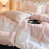 Taooba Beige Gingham with Bow Ruched Bedding Set