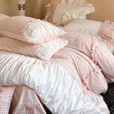 Taooba Beige Gingham with Bow Ruched Bedding Set