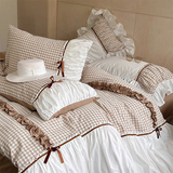 Taooba Beige Gingham with Bow Ruched Bedding Set