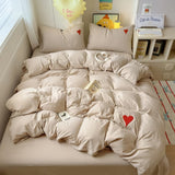 Taooba Beige Washed Cotton Bedding Set With Red Embroidered Heart