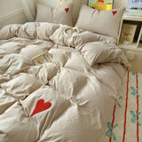 Taooba Beige Washed Cotton Bedding Set With Red Embroidered Heart