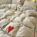 Taooba Beige Washed Cotton Bedding Set With Red Embroidered Heart