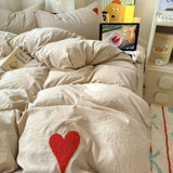 Taooba Beige Washed Cotton Bedding Set With Red Embroidered Heart