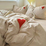 Taooba Beige Washed Cotton Bedding Set With Red Embroidered Heart