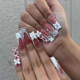 Taooba Christmas nail 24Pcs Full Cover False Nails Pink Full Rhinestone Bow Long French Coffin Nail Tips Detachable Fake Nail Press on Nails Manicure