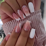 Taooba 24Pcs White Long Ballet False Nails with Rhinestone French Flower Fake Nails Wearable Press on Nails Full Cover Nail Tips Art