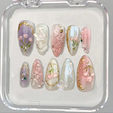 Taooba 10PCS Handmade Spring/Summer press on nails Ballet Ribbon Blush Bloody Plaid Diamond Adam Mitchel Lambert Stick ons