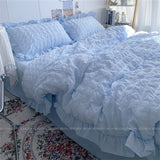 Taooba Christmas Gift Quilt Cover INS Girl Blue Solid Color Seersucker Ruffles Lace Bedding Set Kawaii  Soft Sheet Woman Duvet Cover Pillow Covers