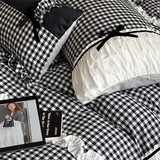 Taooba Black Gingham with Bow Ruched Bedding Set