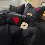 Taooba Black Washed Cotton Bedding Set With Red Embroidered Heart