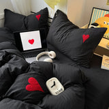 Taooba Black Washed Cotton Bedding Set With Red Embroidered Heart