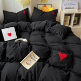 Taooba Black Washed Cotton Bedding Set With Red Embroidered Heart