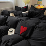 Taooba Black Washed Cotton Bedding Set With Red Embroidered Heart