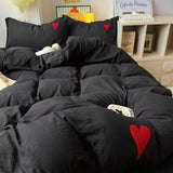 Taooba Black Washed Cotton Bedding Set With Red Embroidered Heart