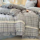 Taooba Blue Tartan Plaid Ruffle Bedding Set