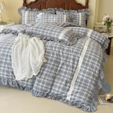 Taooba Blue Tartan Plaid Ruffle Bedding Set