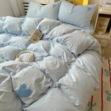 Taooba Blue Washed Cotton Bedding Set With Blue Embroidered Heart