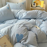 Taooba Blue Washed Cotton Bedding Set With Blue Embroidered Heart