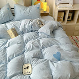 Taooba Blue Washed Cotton Bedding Set With Blue Embroidered Heart