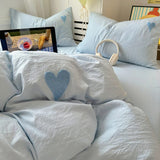 Taooba Blue Washed Cotton Bedding Set With Blue Embroidered Heart