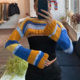 Taooba Christmas Gift outfit  Y2K Knitted Long Sleeve Pullovers Crop Tops Striped Crochet See Through Sweaters Harajuku Vintage Streetwear Jumpers