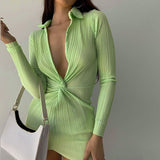 Taooba Christmas Gift outfit  V-Neck Mini Dress Long Sleeve Sexy Bodycon Skinny Summer Beach Dresses Women Twist Solid 2022 Streetwear Party Slim Dress