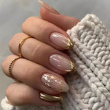 Taooba Christmas nail 24Pcs Short French False Nails with Silver Edge Simple Nails Press on Acrylic Almond Ballerina Fake Nails Full Over Nail Tips