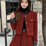 Taooba  party look inspos Autumn Winter New Red Tweed Two-piece Skirt Set Women Short Jacket Coat Pleated Mini Skirt Korean Fashion Chic Female Outfits